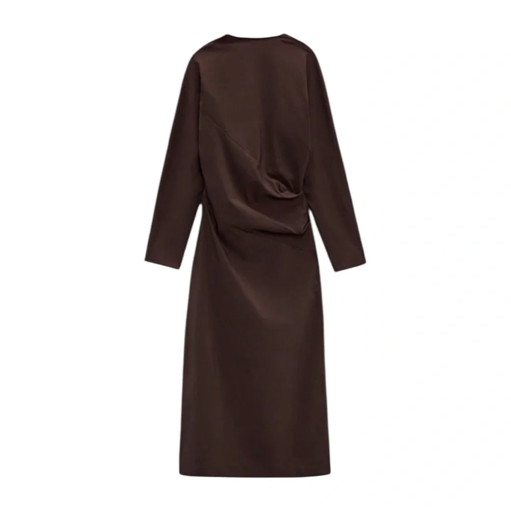 Zara Brown Ruched Waist Midi Dress M